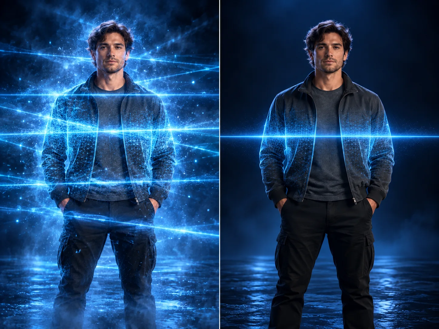 A side-by-side prompt comparison: several competing beams obscure the subject, while one controlled cyan scan path keeps the outline readable
