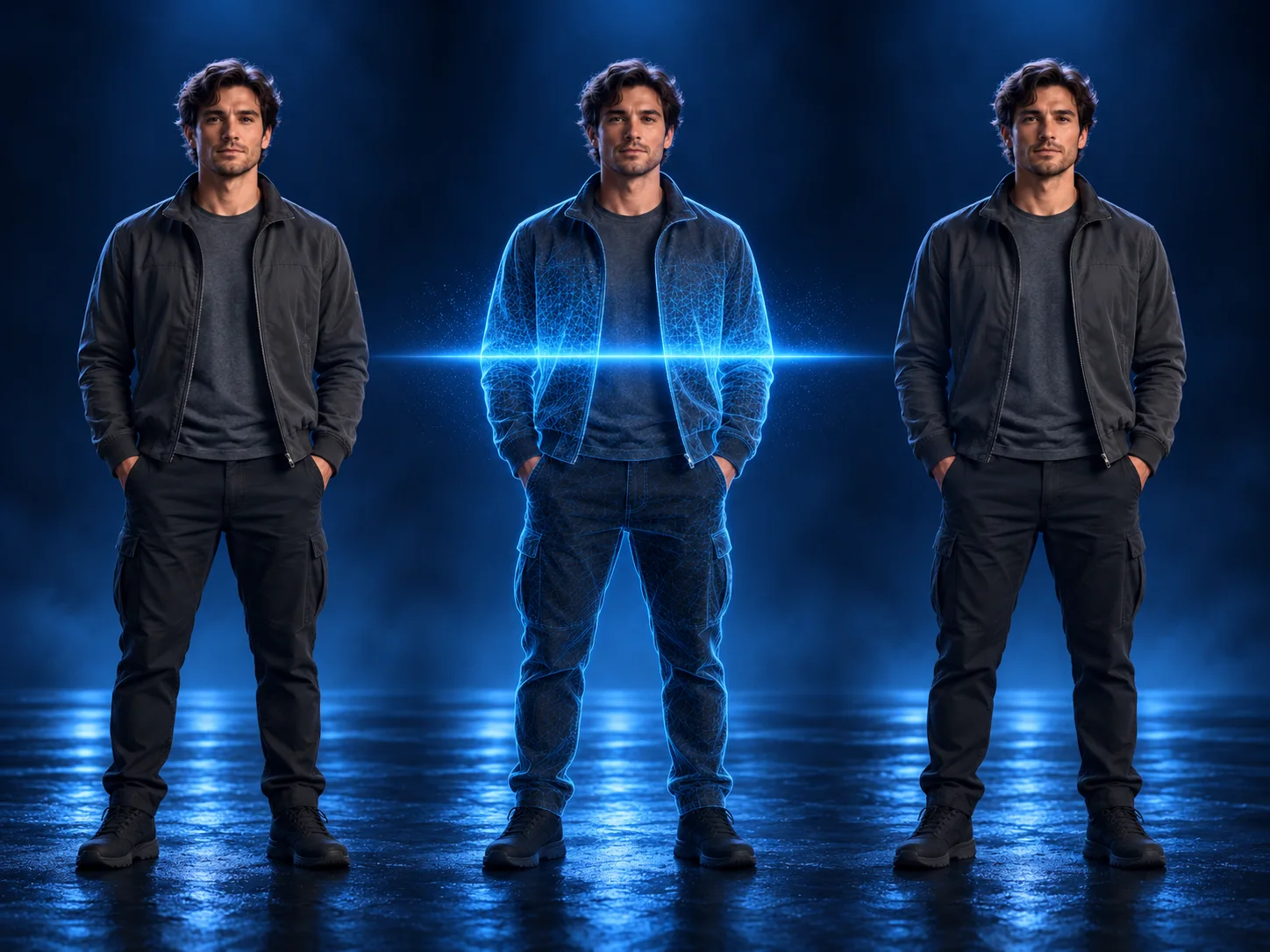 Three stages of a fictional blue light scan AI video: natural portrait, a single cyan scan reveal, and natural color restored