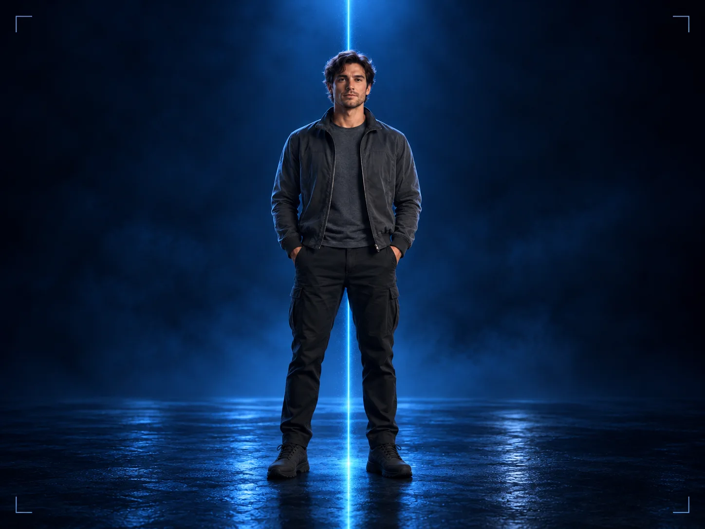 A vertical composition with a fully clothed subject centered inside a safe area and a single blue scan path