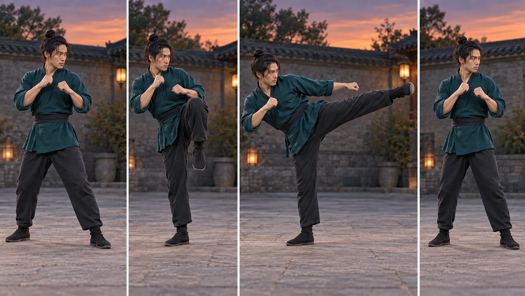 Four storyboard frames of one fictional performer moving from guard to knee lift, controlled kick, and balanced recovery