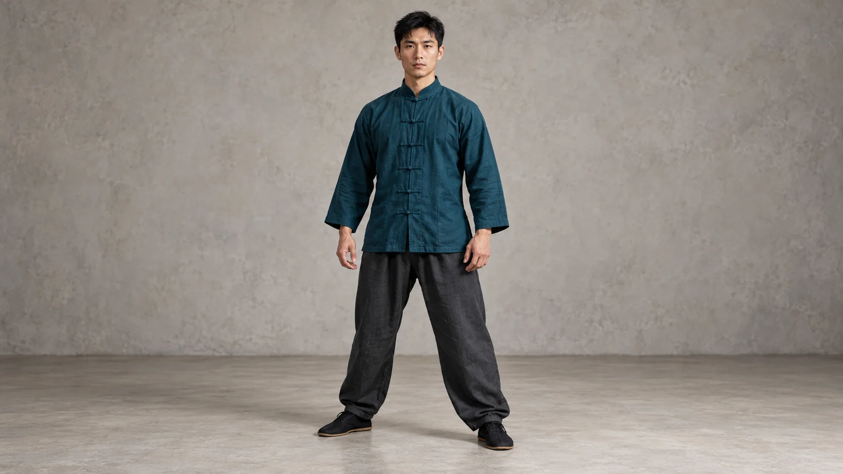 A permission-cleared, fictional full-body source image with visible feet and open space around the subject