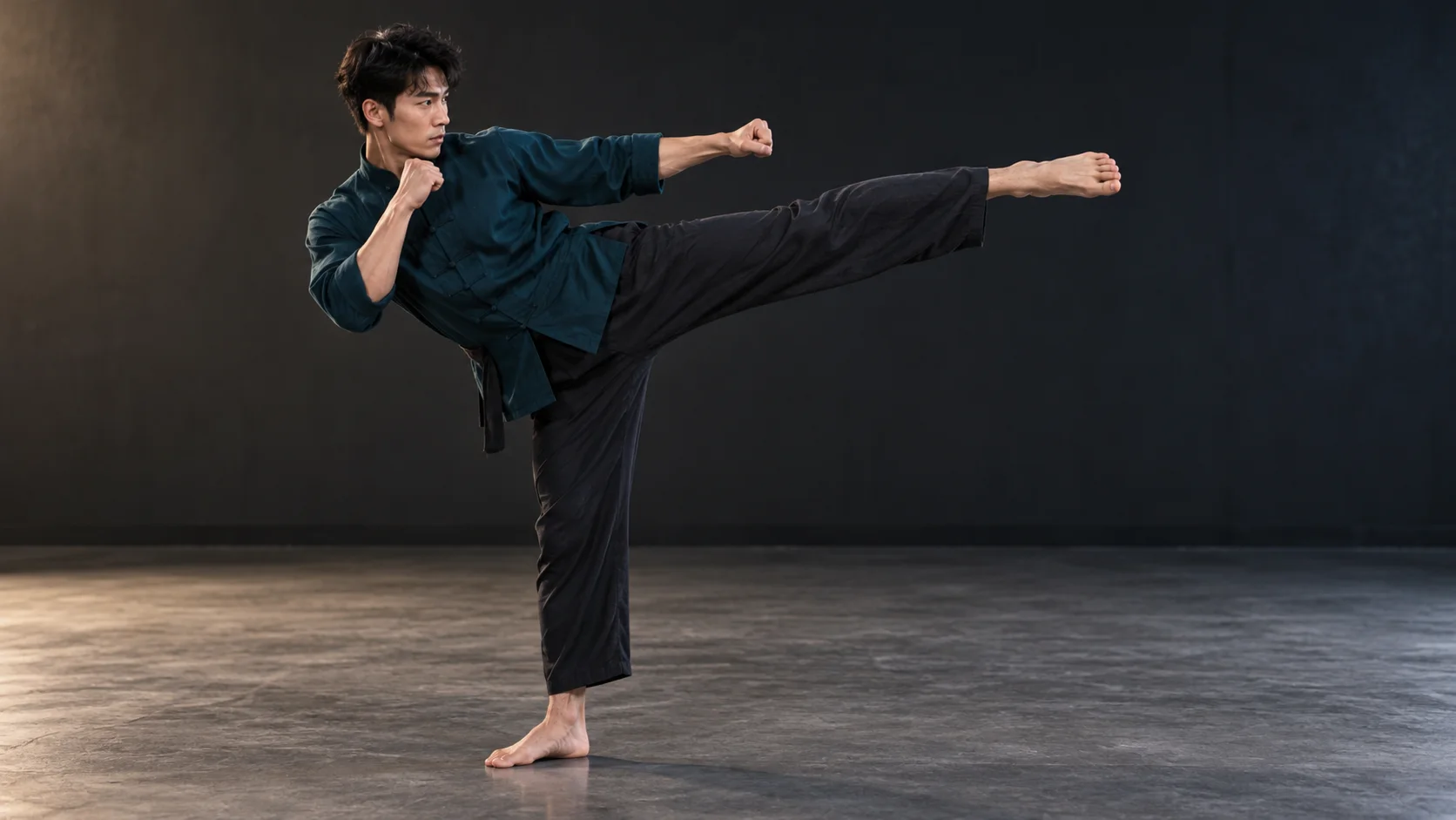 A fictional performer holding a readable controlled kick pose for checking the face, hands, feet, and balance