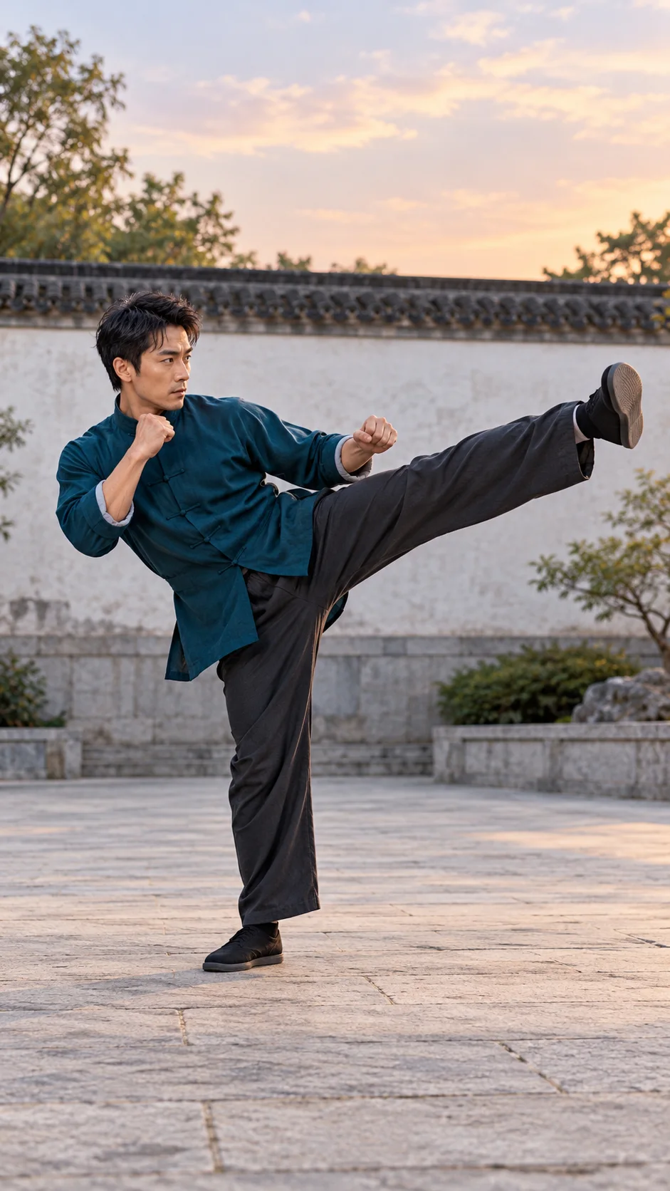 Vertical framing example with the performer and kicking foot inside the safe area, plus room above the head and below both feet