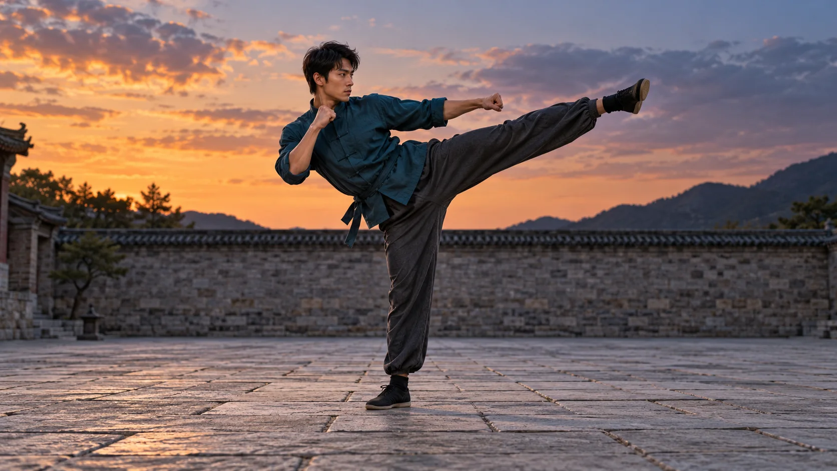 Full-body wide shot with the performer’s feet, supporting leg, and kick path visible against an uncluttered background